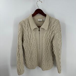 Preview International Classic Cable Knit Full Zip Collared Sweater Cream Size XL
